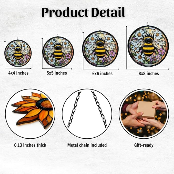 Bee Faux Tiffany Acrylic Suncatcher Stained Glass Effect Window Car Hanging Christmas Ornament Indoor Outdoor Decor Garden Sun Catcher Panel for Bee Lover for Women Mom Grandma