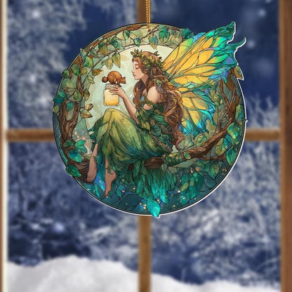 Fairy Ornament Acrylic Suncatcher – Enchanted Forest Fairy Sitting in Circle with Squirrel, Stained Glass Style Window Hanging Decor, Christmas Ornament Gift for Women, Fantasy Home Decor, (Sun-34)