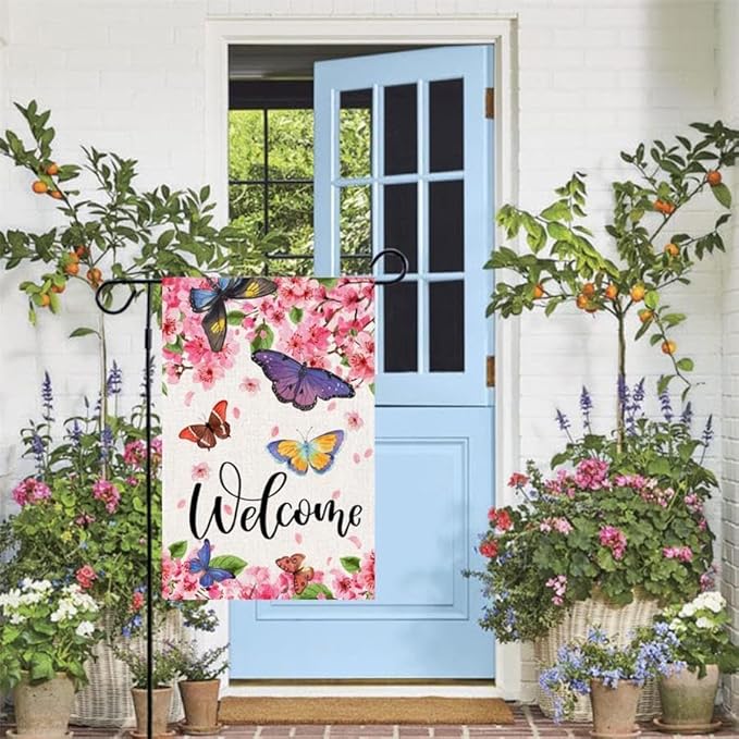 Baccessor Spring Summer Garden Flag Floral Bird Butterfly Flowers Welcome Spring Summer Flag 12.5 x 18 Inch Double Sided Burlap Small Spring Summer Flag for Outside Decor