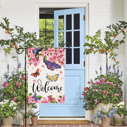 Baccessor Spring Summer Garden Flag Floral Bird Butterfly Flowers Welcome Spring Summer Flag 12.5 x 18 Inch Double Sided Burlap Small Spring Summer Flag for Outside Decor
