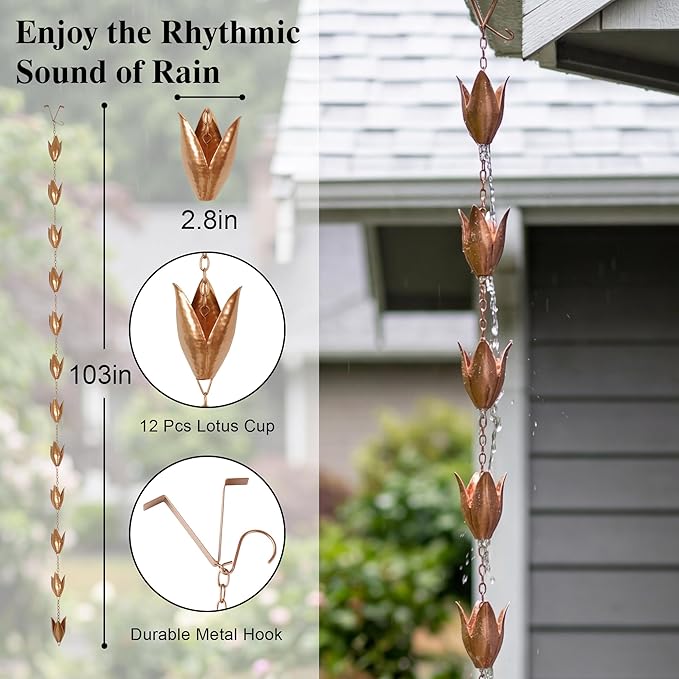 DUSVALLY 8.5 FT Rain Chains Iron Gutter Chains with Rain Collector Thick Iron 12 Leaf Cups, Leaf Rain Chain Replacement for Home Garden Patio Outdoor Decor