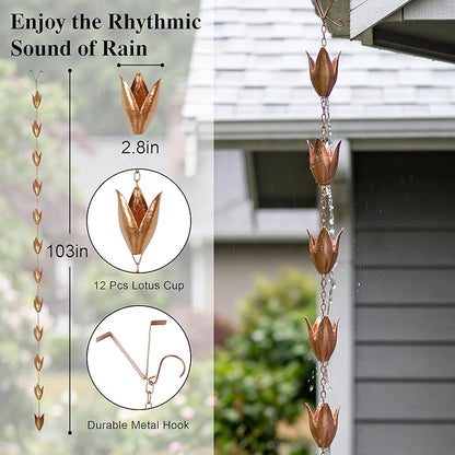 DUSVALLY 8.5 FT Rain Chains Iron Gutter Chains with Rain Collector Thick Iron 12 Leaf Cups, Leaf Rain Chain Replacement for Home Garden Patio Outdoor Decor