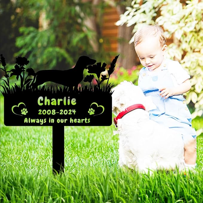 Custom Dachshund Dog Memorial Grave Marker,Personalized Flora Dog Memorial Stake,Dog Memorial Plaque Burial Stake Engraved Sign,Sympathy Grave Stake for Lost Dog,Dog Statue Headstone