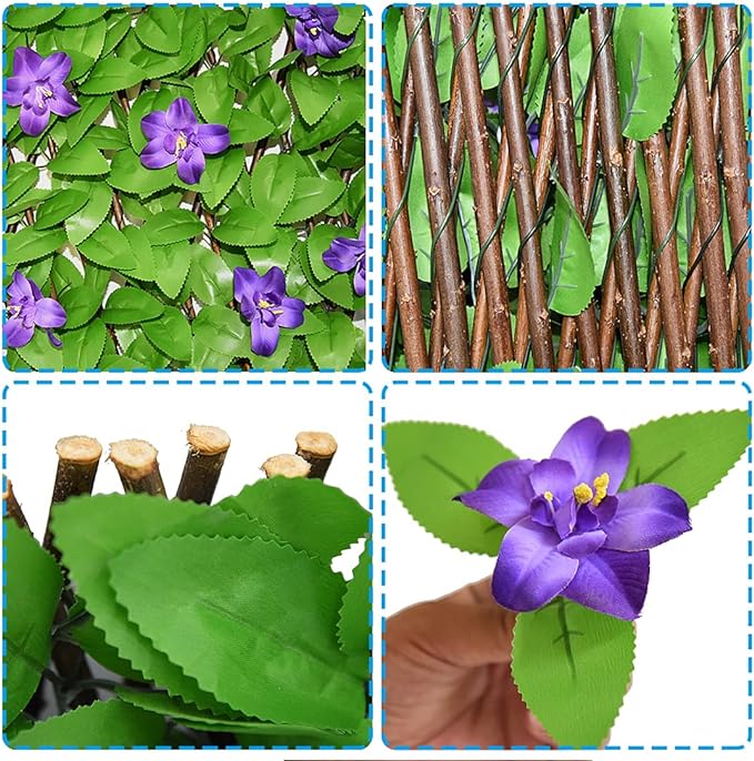 Expandable Privacy Screen with Artificial Flower for Balcony Patio Fence Greenery Privacy Fence Outdoor Purple Flowers 2pcs