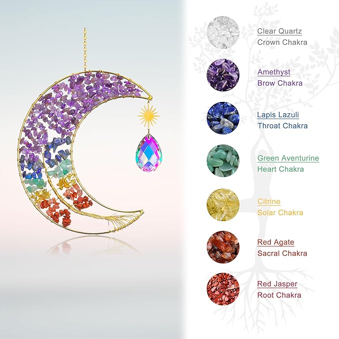 Yoption Moon Tree of Life Agate Slice Wind Chime, Handmade 7 Chakra Healing Crystal Stone Wind Chime for Home Wall Garden Decorative Ornament, Unique Gift