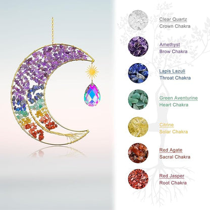 Yoption Moon Tree of Life Agate Slice Wind Chime, Handmade 7 Chakra Healing Crystal Stone Wind Chime for Home Wall Garden Decorative Ornament, Unique Gift
