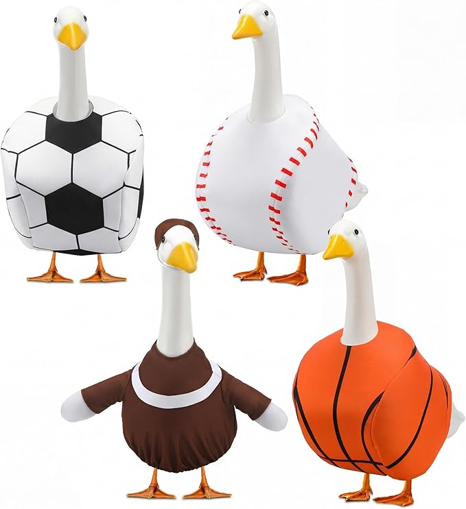 Abbylike 4 Set Baseball Porch Goose Outfit Lawn Basketball Goose Costume Rugby Football Porch Game Day Clothes for 23" H Statue Patio Yard Sport Party Celebrations Decor