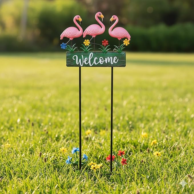 43.3inch Flamingo Garden Stakes with Vintage Welcome Yard Sign, Flamingo Outdoor Decor Metal Yard Art Ornaments for Outside Landscape, for Wife