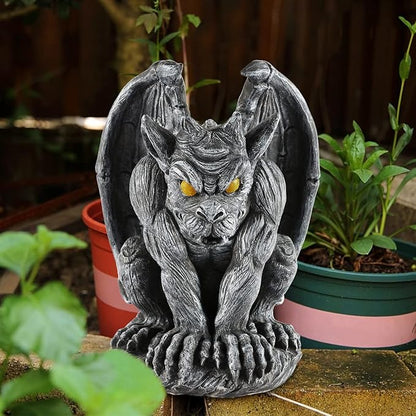 Large Winged Gargoyle Statue with Solar Lights Outdoor Decor, Sitting Gargoyle Monster Dragon Garden Guardian Gothic Creep Scary Sculpture, Patio Yard Lawn Decorations, Valentine's Day Gift