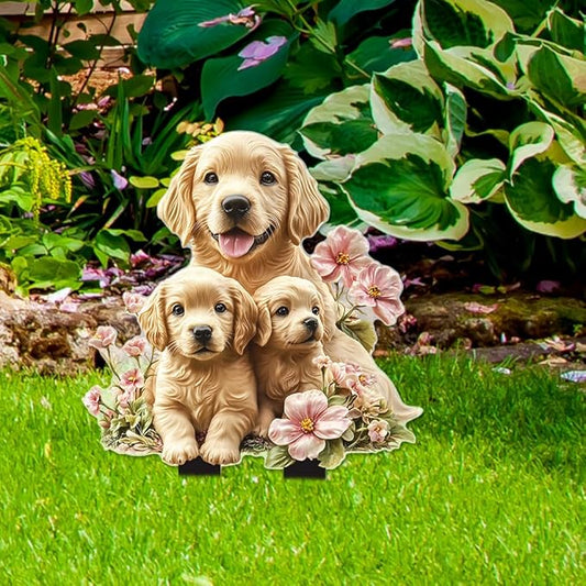 Garden Stake Decor, Acrylic 2D Flat Animal Statue, Fairy Sculptures Ornament Indoor Outdoor Yard Lawn Pot Plant Decorative Accessories (Three-Dogs)