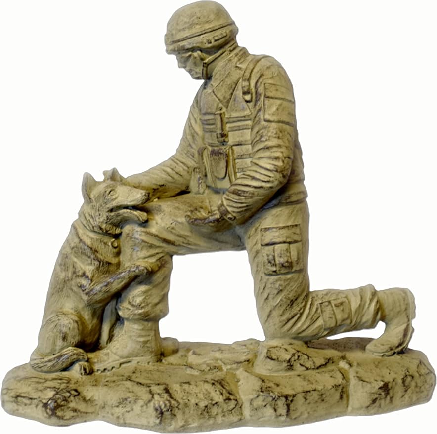 Kneeling Soldier with Dog Stone Statue 18in Tall Desert Sand Brown Color