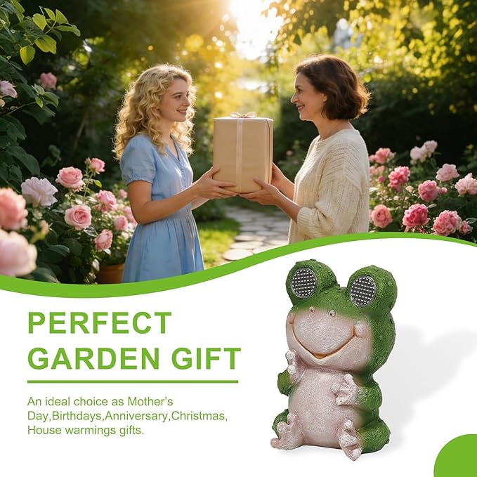 Solar Frog Garden Statue with LED Blinking Moving Eyes, Resin Solar Powered Outdoor Frog Decor, IP65 Waterproof Frog Statue for Garden Yard Patio Lawn Porch, Funny Garden Gift for Mom