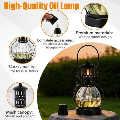 3 Pack Glass Table Top Torches, 14 oz Citronella Torches for Outside, Features hanging handles, Refillable Flame Light Torch, Decorative Tabletop Lantern for Yard, Patio, Garden, Party, Landscape