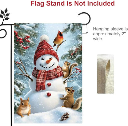 Winter Garden Flags for Outside 12x18 Double Sided, Burlap Holiday Farmhouse Rustic Squirrel Snowman Garden Flag Winter Xmas Decorations, Small Outdoor Christmas Flags for Yard Garden