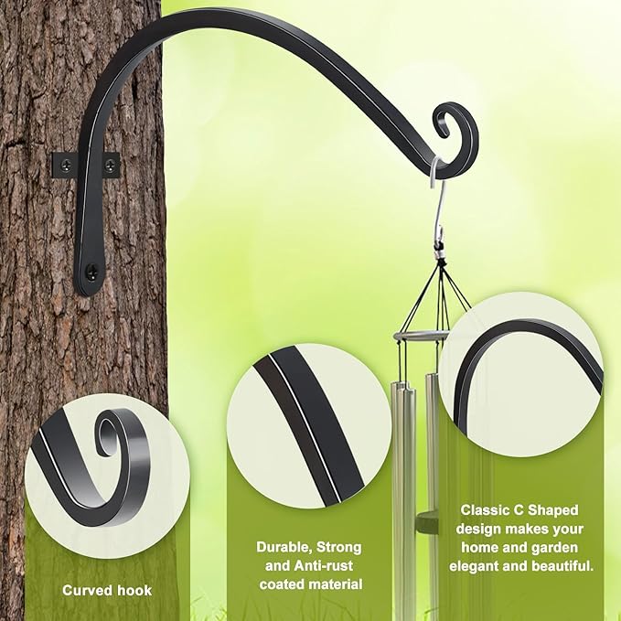 FEED GARDEN 2 Pack 12 Inch Hanging Plant Bracket Wall Hooks Decorative Plant Hangers for Outdoor Hanging Bird Feeders, Wind Chimes, Plant Baskets, Black