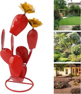 Metal Prickly Pear with Flowers, Iron Rustic Statue, Handcrafted Desert Garden Decor Sculpture for Yard Lawn Patio, Red Outdoor Metal Art