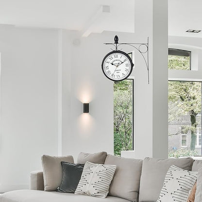 JHY DESIGN 12-Inch Double-Sided Wall Clock Waterproof Indoor Outdoor Clock Hanging Metal Clock Battery Operated Decorative for Home Corner Patio Pool Garden Decor (Black)