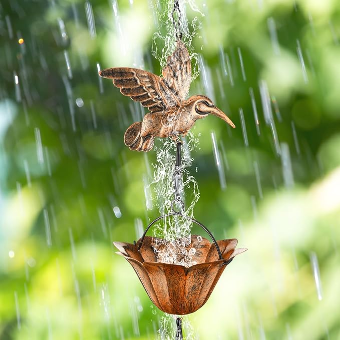 MorningRo Brass 8.5ft Rain Chains for Gutters Outside with Anchor Basin 12 Cups Rain Chain Catcher Downspout Replacement Adjustable Metal Garden Rainwater Divert for Eaves Drainage (Bird)