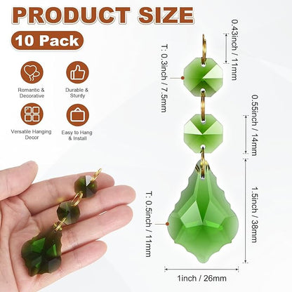 M METERXITY 10PCS Crystal Suncatcher 2 Leaves Prisms Pendants Ornament, 38mm Chandelier Hanging Crystal Sun Catcher Beads for Home Garden Windows Wedding DIY Decoration [Medium Green]