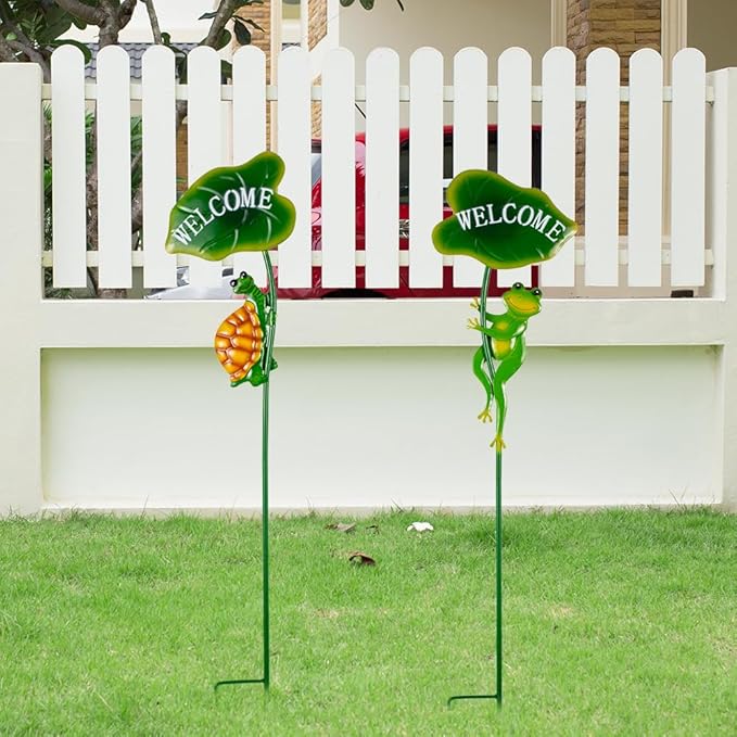 2Pack Frog Decorative Garden Stakes,Metal Tortoise Yard Art Decor for Outside Decor,Spring Outdoor Decor for Pathway,Lawn,Patio,Yard