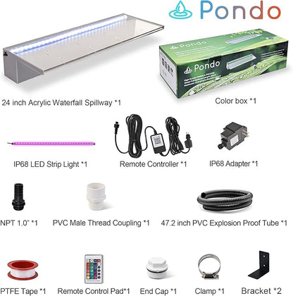 PONDO 24'' APP Pool Waterfall with 16 Colors LED Lights, Acrylic Pond Fountain Set for Outdoor Decorations, Patio Waterfall Spillway Kit on The Wall for Garden, Easy Installation
