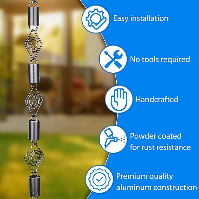 RainChains Pacific Diamond Rain Chain 8.5ft Black Aluminum Rain Chains for Gutters Heavy Rain Downspout Chains for Gutters Decorative.