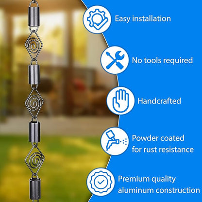 RainChains Pacific Diamond Rain Chain 8.5ft Black Aluminum Rain Chains for Gutters Heavy Rain Downspout Chains for Gutters Decorative.