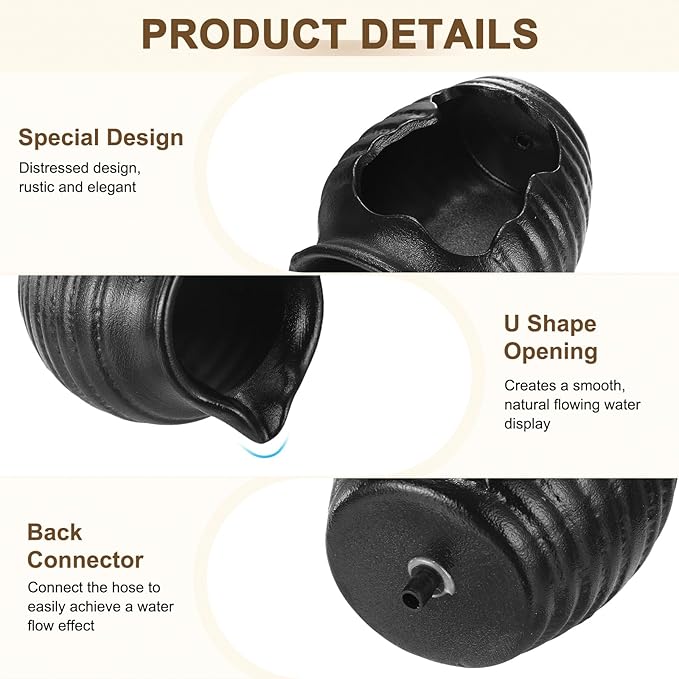 M METERXITY Ceramic Garden Fountain Spitter, Clay Pot Ecological Tank for Pond/Backyard Water Feature/Cave Waterfall/Landscaping, DIY Water Flow Jar Hydroponic Vase [5.5in, Matte Black]