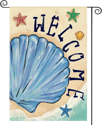 AVOIN colorlife Summer Coastal Beach Shell Garden Flag 12x18 Inch Double Sided, Welcome Seasonal Nautical Burlap Yard Outdoor Decoration