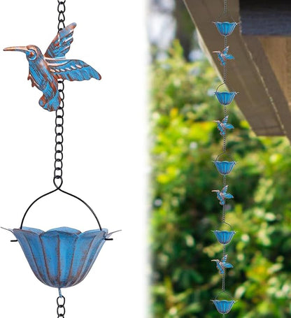 Rain Chains for Gutters, 7.87Ft Hummingbird and Cup Rain Chains for Gutters, Adjustable Rain Chimes for Outside Replacement Downspout for Gutters Eaves Drainage, Blue