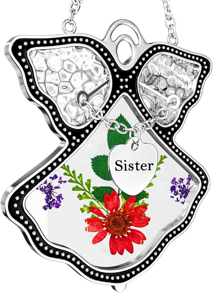 KY&BOSAM Angel Suncatcher Sister Stained Glass Suncatchers for Windows Hangings Wind Chime with Pressed Drived Flower and Metal Charm Birthdays Gifts for Sister Mothers Day Valentine's Christmas Decor