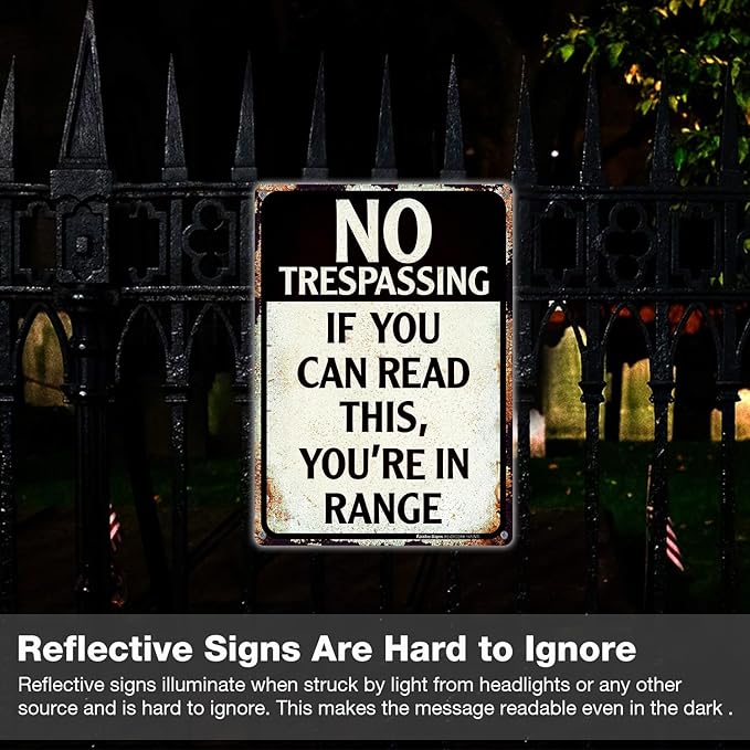 No Trespassing Metal Sign, 14x10 Aluminum Vintage Funny Wall Decor for Bars, Man Cave, Yard - Reflective, Weather/Fade Resistant