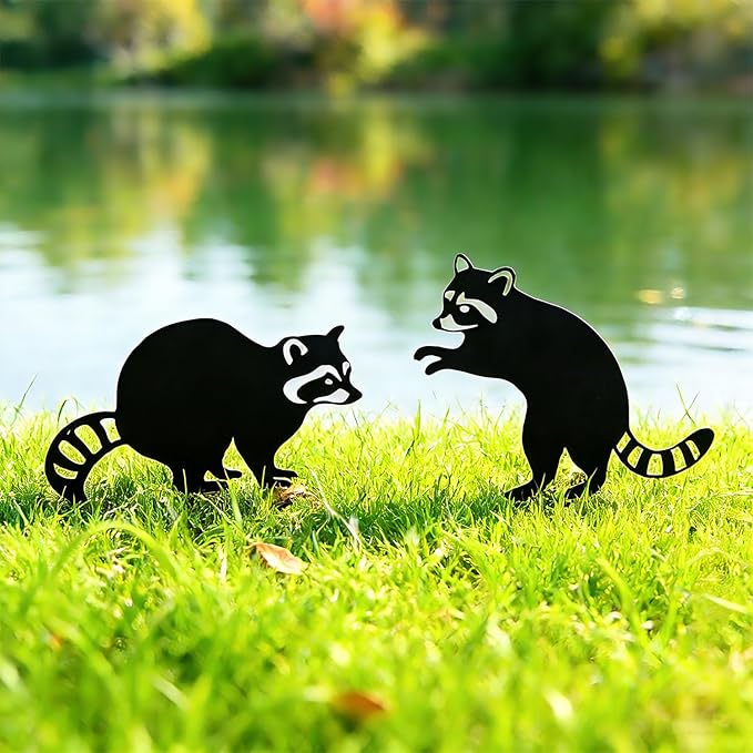 2 Pack Raccoon Metal Garden Stakes for Outdoor Decor – Cute Animal Yard Art for Garden, Lawn, or Pathway – Weather-Resistant Black Silhouette Statues, Unique Gift for Nature & Wildlife Lovers