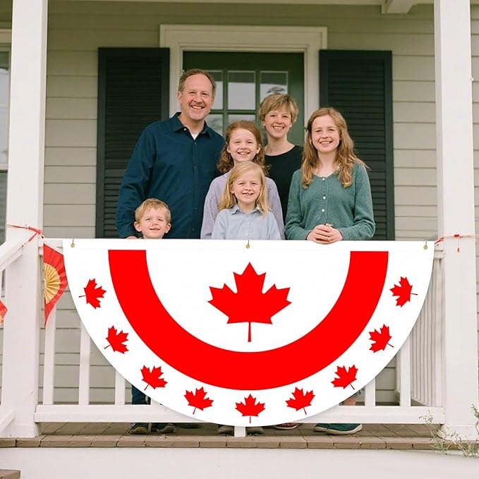 6 x 3 FT Flat Canada Flag Bunting – No-Pleat Half Circle Maple Leaf Banner with Grommets, Red White Patriotic Fan Flag for Outdoor Porch, Fence, Wall, Window, July 1st Canada Day Decorations