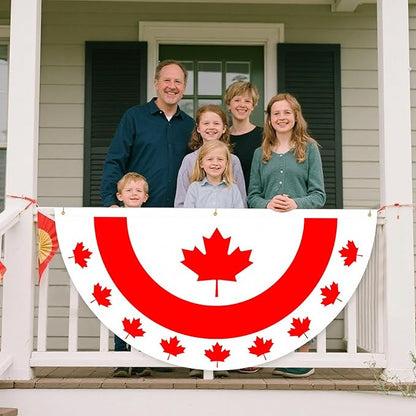 6 x 3 FT Flat Canada Flag Bunting – No-Pleat Half Circle Maple Leaf Banner with Grommets, Red White Patriotic Fan Flag for Outdoor Porch, Fence, Wall, Window, July 1st Canada Day Decorations