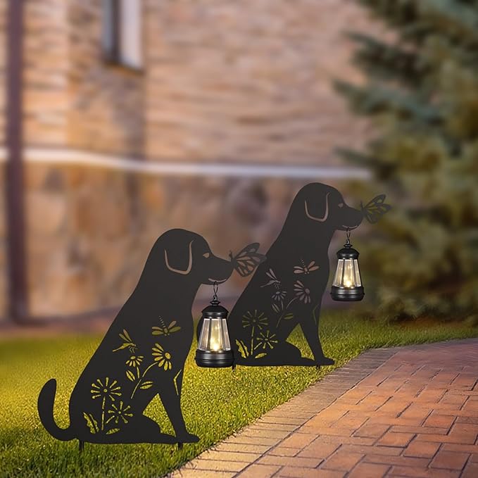 Solar Garden Stake Decorative Lantern for Outdoor, 2 Pack Metal Dog Silhouette Lights for Lawn, Pathway, Patio, Yard Outdoor Decor Gifts for Women Mom and Grandma