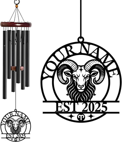 Personalized Customize Name 12 Zodiac Signs Wind Chime, Metal Iron 37 Inch Outdoor Memorial Gift for Garden Yard Patio Home Decor, Black (Aries)
