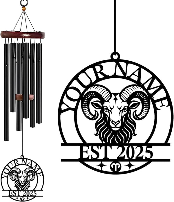 Personalized Customize Name 12 Zodiac Signs Wind Chime, Metal Iron 37 Inch Outdoor Memorial Gift for Garden Yard Patio Home Decor, Black (Aries)