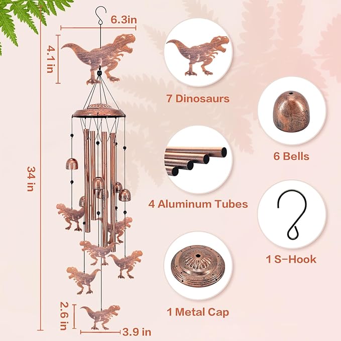 Dinosaur Wind Chimes Outdoor Dinosaur Gifts for Women Men Mom Gardening Birthday Gifts Metal Memorial WindChimes for Outside/Indoors, Lawn, Patio, Yard Art, Garden Decor, Yard Decorations