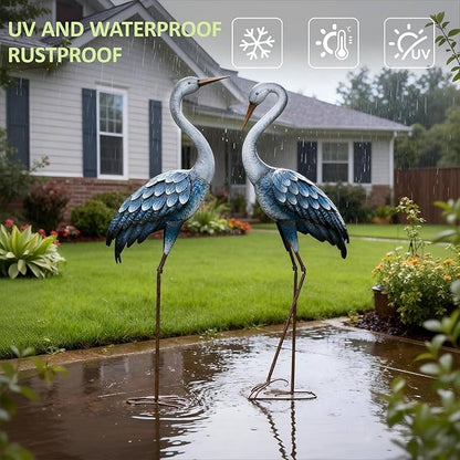 Kircust Outdoor Blue Heron Statues Metal Garden Crane Sculptures, Bird Yard Art Large 47-48 Inch, Set of 2, for Pond & Lawn Garden Decor, Gifts for Women, Men, Friends