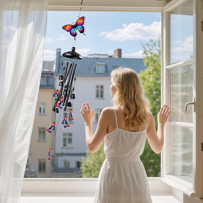 Butterfly Wind Chimes for Outside, Black Metal Acrylic Windchimes Outdoors, Butterfly Gifts for Women Men, Garden Yard Decor, Memorial/Birthday Gifts for Grandma Mom, Durable Chimes for Outdoors