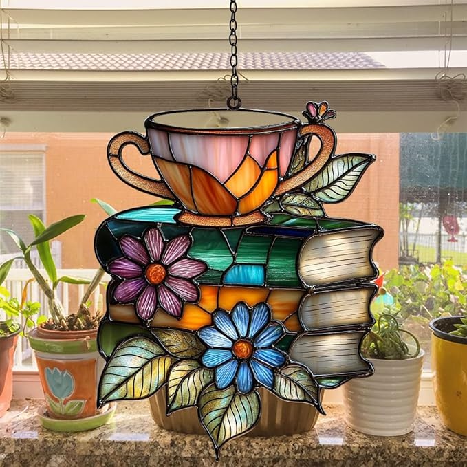 Floral Books and Tea Acrylic Suncatcher Stained Glass Effect Window Car Hanging Christmas Ornament Indoor Outdoor Decor Garden Sun Catcher Panel for Book Lover for Women Mom Grandma