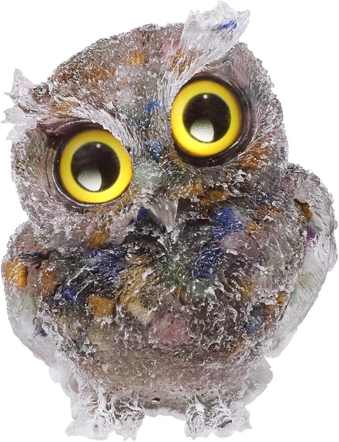 Nupuyai 3 inches Orgone Resin Crystal Chips Tumbled Stone Owl Statue, Mini Hand Carved Stone Crystal Animal Figurines for Tabletop Indoor Outdoor, Colorful Mixed Stones