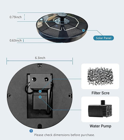 6.3" D Solar Fountain with Battery Backup, 9V/2W Solar Fountain Pump with LED Lights, 5 Nozzles Bird Bath Fountain, Floating Solar Water Fountain for Garden, Pond, Patio