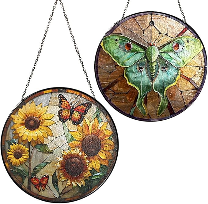 2 Stained Glass 6" Yellow Butterfly Sunflower Suncatcher, Luna Moth Stained Glass Suncatchers Monarchs for Sun Catcher Indoor Window, Gift for Mothers Day, Sunflower Gift for Women, Garden Decoration
