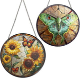 2 Stained Glass 6" Yellow Butterfly Sunflower Suncatcher, Luna Moth Stained Glass Suncatchers Monarchs for Sun Catcher Indoor Window, Gift for Mothers Day, Sunflower Gift for Women, Garden Decoration