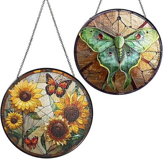 2 Stained Glass 6" Yellow Butterfly Sunflower Suncatcher, Luna Moth Stained Glass Suncatchers Monarchs for Sun Catcher Indoor Window, Gift for Mothers Day, Sunflower Gift for Women, Garden Decoration