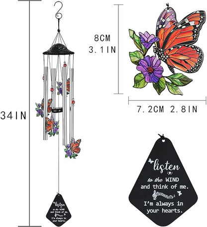 HDCRYSTALGIFTS 34'' Butterfly Wind Chimes Outdoor Large, Butterflies Aluminum Tube Memorial Windchime for Outside with S Hook,Patio Home Garden Decor, Sympathy Gifts for Loss of Loved One