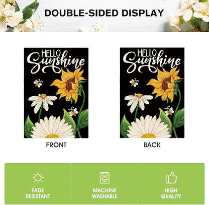AVOIN colorlife Daisy Sunflower Hello Sunshine House Flag 28x40 Inch Double Sided, Summer Seasonal Holiday Burlap Yard Outdoor Decoration Black