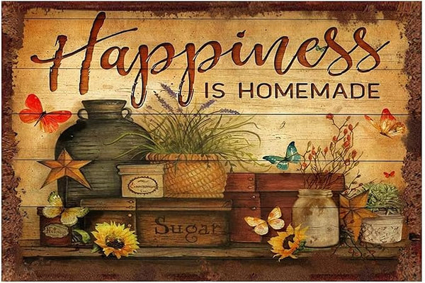 Flowers Metal Poster, Country Rustic Butterfly Tin Sign, Happiness is Homemade, Yard Garden Garage Farm Outside Wall Decor Plaque Outdoor for Home Fence 8 X 12 Inch